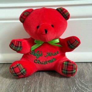 Holiday Red Teddy Bear with Green Plaid Accents